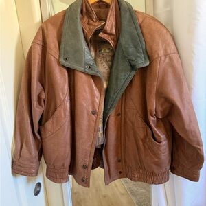 Wilson Brown Leather Bomber Jacket with Green Collar